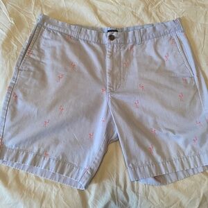 JCrew Lt Blue Pink Flamingo Embroidered Flat Front Men’s Gramercy Shorts 38/8”